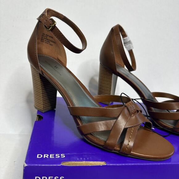 NWT Worthington Size 11 Brown Vacation Ankle Strappy Block High Heel Open Toe - Picture 4 of 10